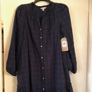 (New) Frye & Co. Navy Blue Plaid Cotton Rayon Button Front Prairie Dress Medium